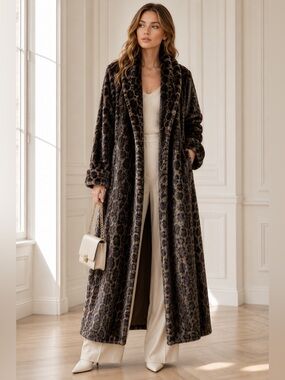 Cache Vintage Full Length Faux Leopard Fur Swing Coat Brown Black USA Large 10